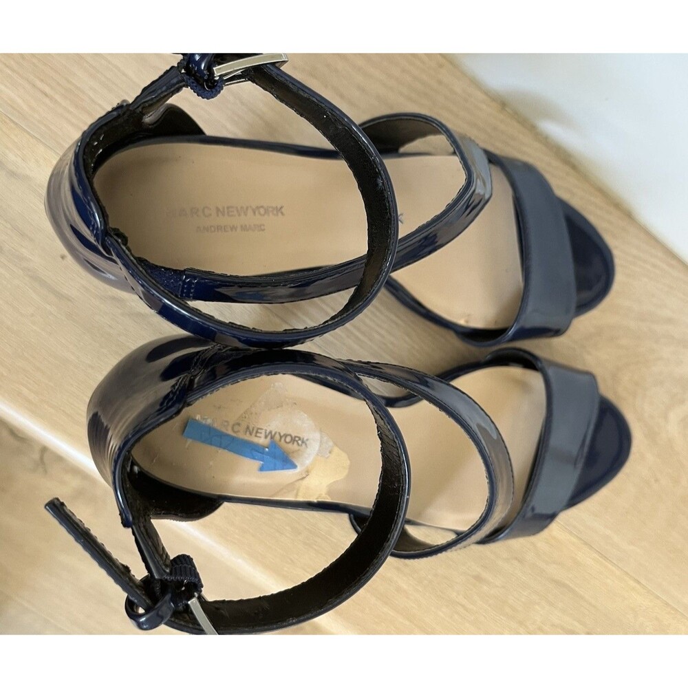 Marc New York Patent Leather Strappy Ankle Buckle Heeled Sandals 8.5M Navy Blue - Picture 7 of 10